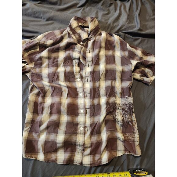 HOBIE Shirt Men's Brown Large Plaid Short Sleeve Button Front Embroidered READ‎ - Picture 1 of 9